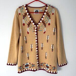 90s vintage novelty wolf animal embroidered button up cardigan knit sweater